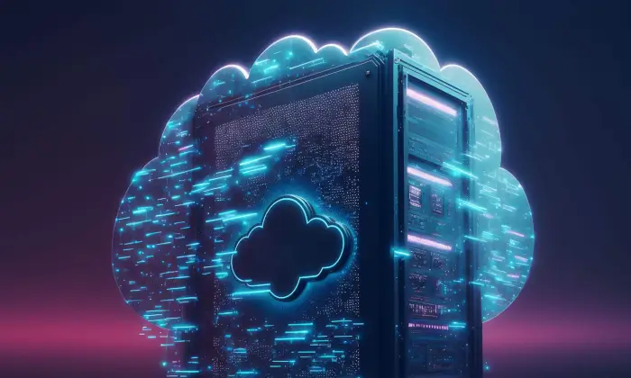 Cloud computing server illustration with cloud symbol, blue lights, and digital data storage effects.