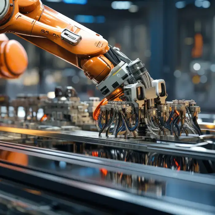 A robotic arm assembling components on a high-tech production line.