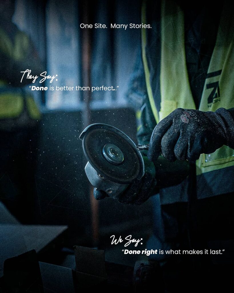 Close-up of a worker using an industrial cutting tool at a ZF Holding site with the message “Done right is what makes it last.”