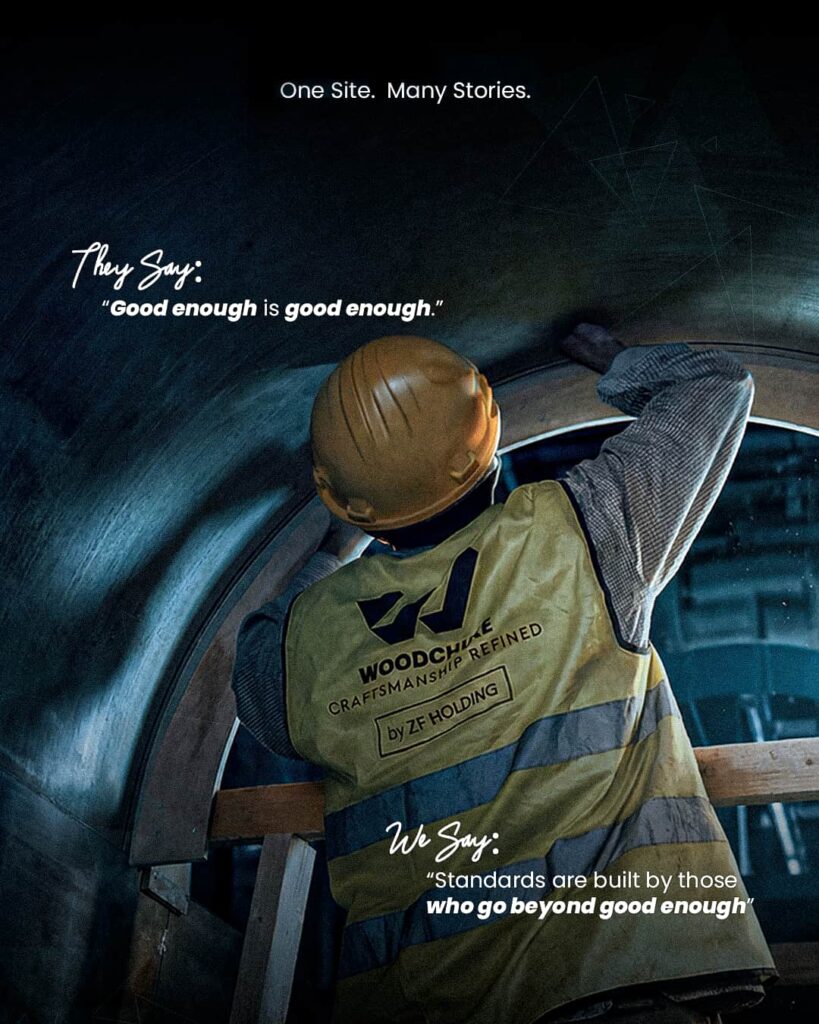 Worker polishing a curved structure at a Woodchure by ZF Holding project with the quote about exceeding standards and quality craftsmanship.