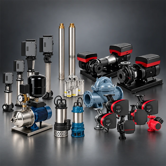 Overview of diverse commercial and industrial water pumps types including submersible, booster, circulator, and centrifugal units.